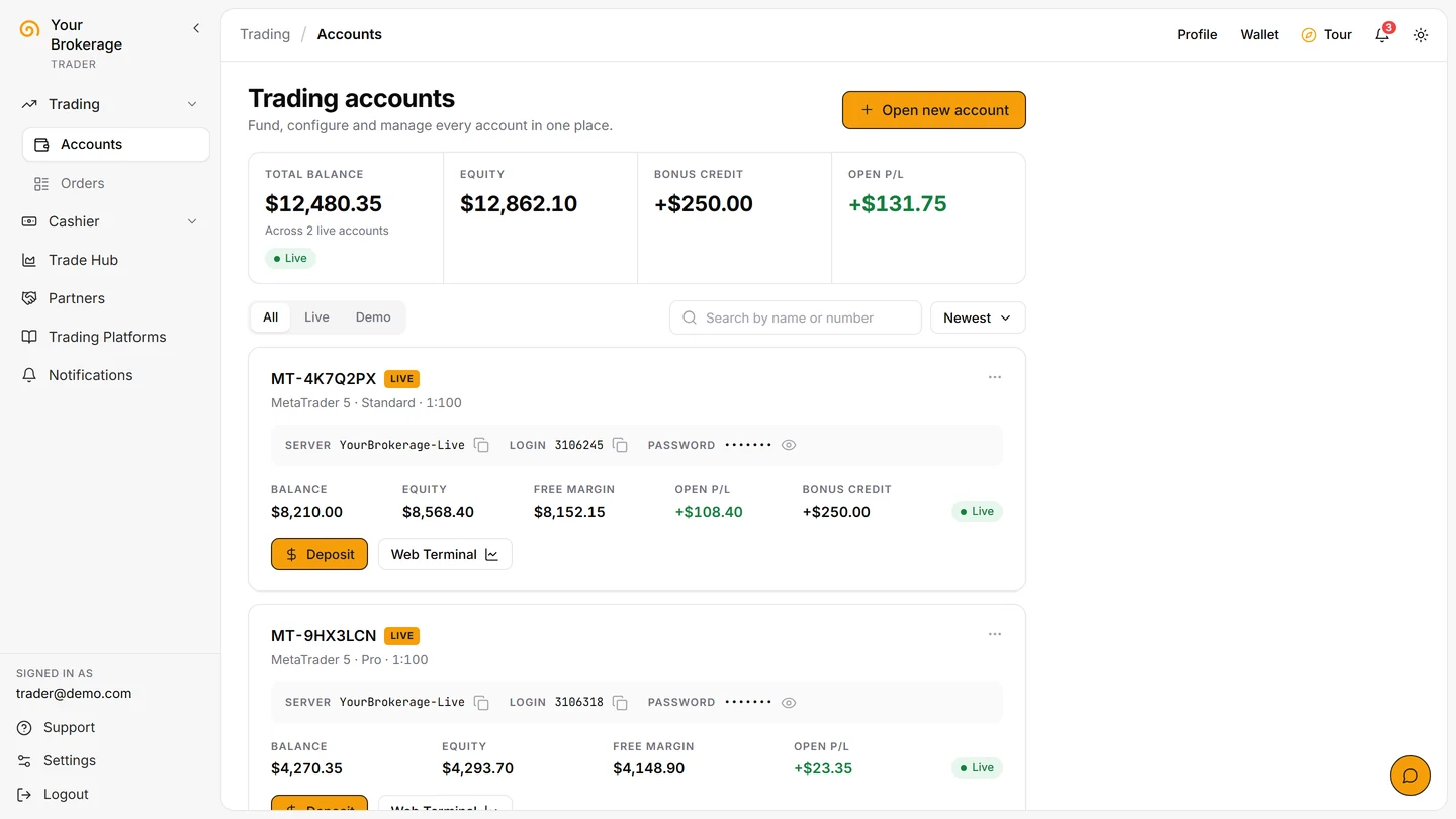 Callisto screen: trading accounts (sample data)